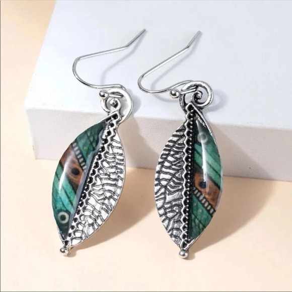 Boho Two-Tone Leaf Dangle Earrings | Lightweight Bohemian Jewelry - Picture 3 of 5